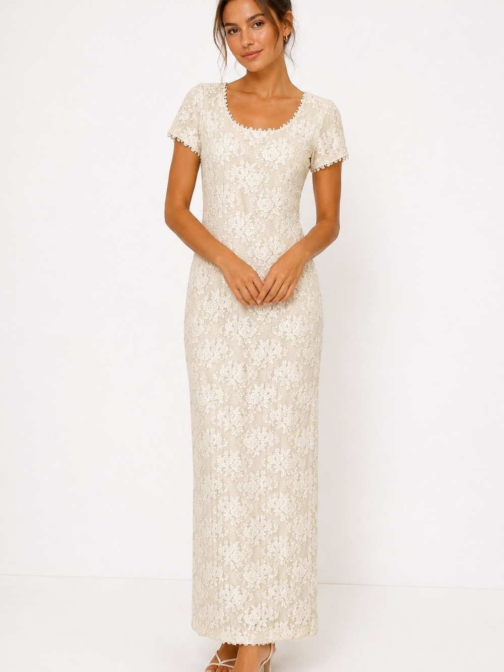 VTG Alex Evenings Ivory Floral Lace Maxi Gown Sz 12 Elegant Formal Evening Dress